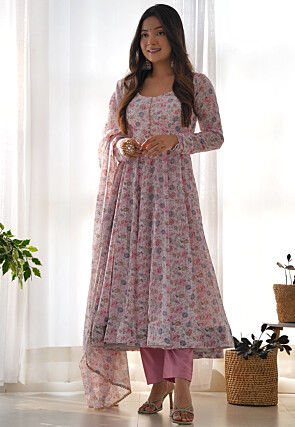 Digital Printed Chiffon A Line Suit in Off White