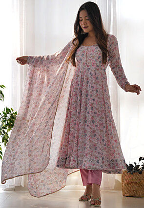 Digital Printed Chiffon A Line Suit in Off White