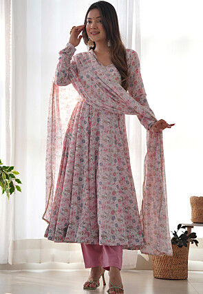 Digital Printed Chiffon A Line Suit in Off White