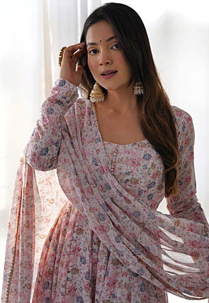 Digital Printed Chiffon A Line Suit in Off White