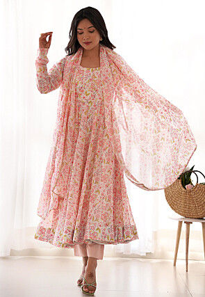 Digital Printed Chiffon A Line Suit in Off White