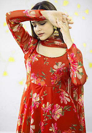 Digital Printed Chiffon A Line Suit in Red