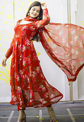 Digital Printed Chiffon A Line Suit in Red