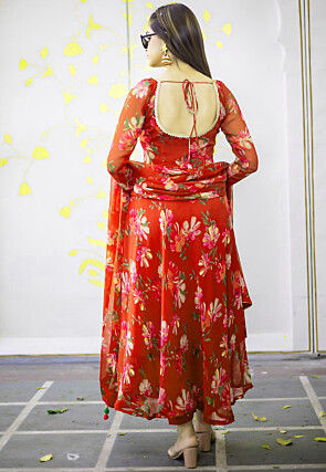 Digital Printed Chiffon A Line Suit in Red