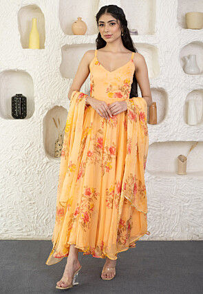 Digital Printed Chiffon A Line Suit in Yellow