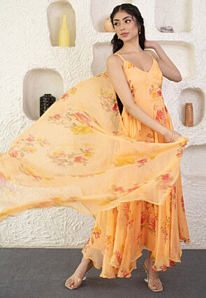 Digital Printed Chiffon A Line Suit in Yellow