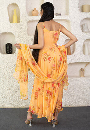 Digital Printed Chiffon A Line Suit in Yellow