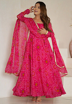 Digital Printed Chiffon Abaya Style Suit in Fuchsia