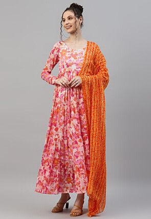 Digital Printed Chiffon Abaya Style Suit in Pink