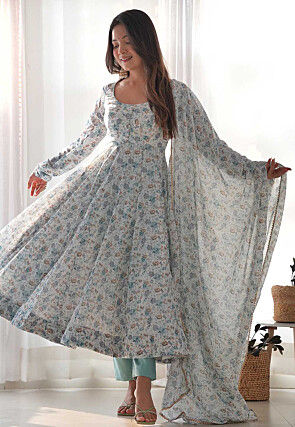 Digital Printed Chiffon Aline Suit in Light Sea Green