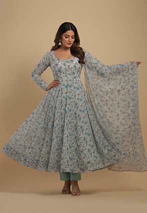Digital Printed Chiffon Anarkali Suit in Off White and Blue