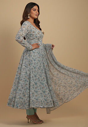 Digital Printed Chiffon Anarkali Suit in Off White and Blue