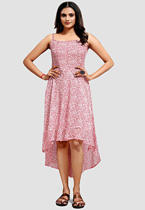 Digital Printed Chiffon Asymmetric Dress in Off White and Red