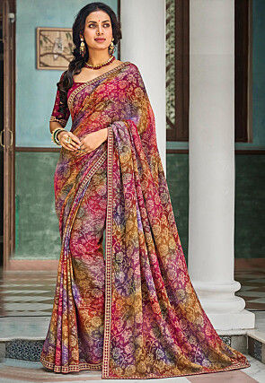 Digital Printed Chiffon Brasso Saree in Multicolor