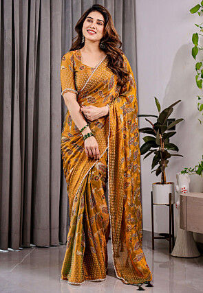 Digital Printed Chiffon Brasso Saree in Mustard