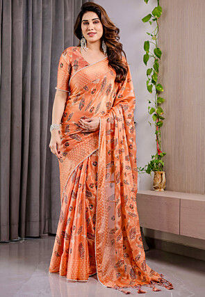 Digital Printed Chiffon Brasso Saree in Orange