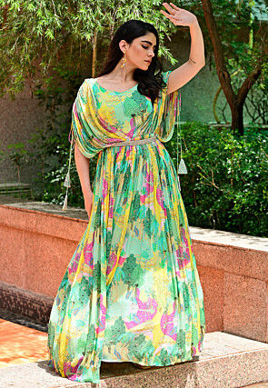 Multicolor Digital Floral Printed Chiffon Dress