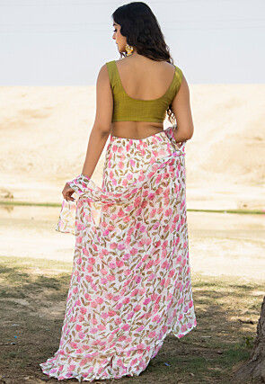 Digital Printed Art Silk Crop Top Jacket Set in Green and White