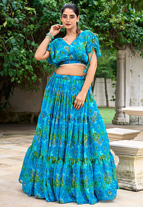 Digital Printed Chiffon Crop Top Set in Blue