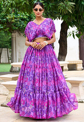 Digital Printed Chiffon Crop Top Set in Purple