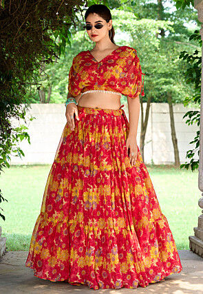 Digital Printed Chiffon Crop Top Set in Red