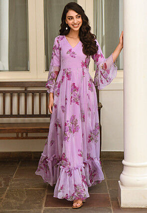 Digital Printed Chiffon Gown in Light Purple