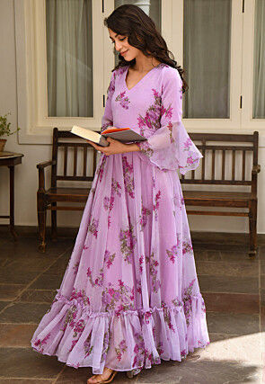 Digital Printed Chiffon Gown in Light Purple