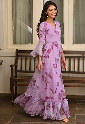 Digital Printed Chiffon Gown in Light Purple