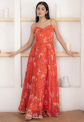 Digital Printed Chiffon Gown in Orange