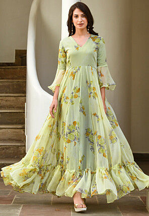 Digital Printed Chiffon Gown in Pastel Green