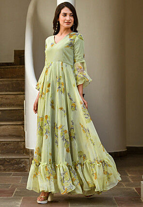 Digital Printed Chiffon Gown in Pastel Green