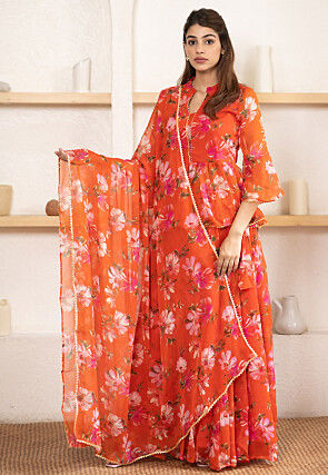 Digital Printed Chiffon Lehenga in Orange