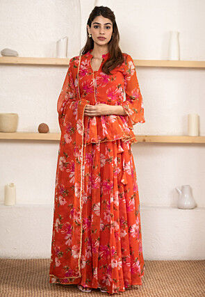 Digital Printed Chiffon Lehenga in Orange