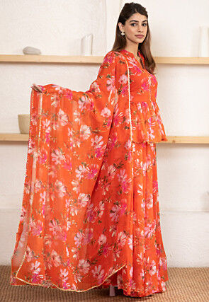 Digital Printed Chiffon Lehenga in Orange