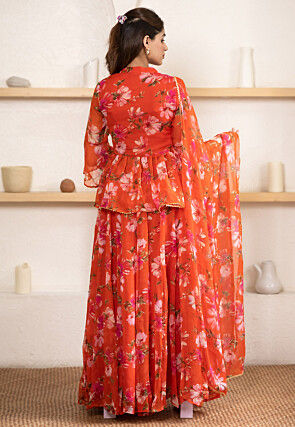 Digital Printed Chiffon Lehenga in Orange