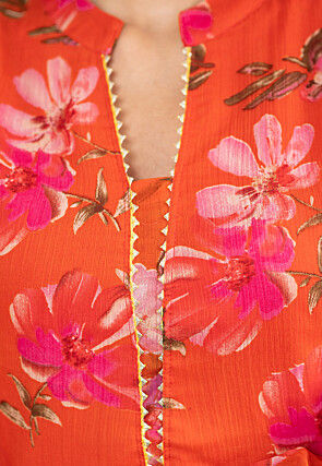 Digital Printed Chiffon Lehenga in Orange