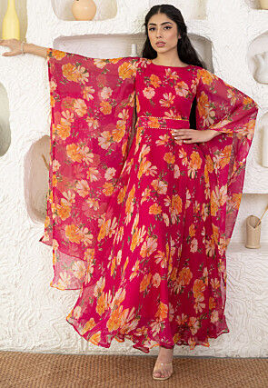 Digital Printed Chiffon Maxi Dress in Fuchsia