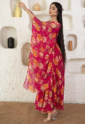 Digital Printed Chiffon Maxi Dress in Fuchsia