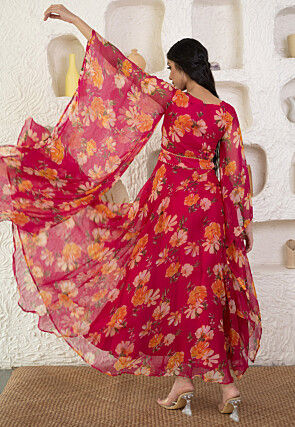 Digital Printed Chiffon Maxi Dress in Fuchsia