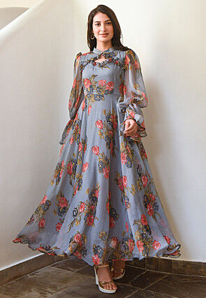 Digital Printed Chiffon Maxi Dress in Grey