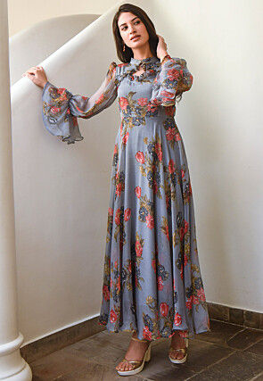 Digital Printed Chiffon Maxi Dress in Grey