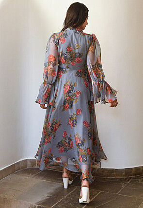 Digital Printed Chiffon Maxi Dress in Grey