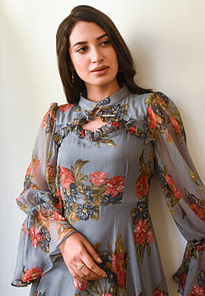 Digital Printed Chiffon Maxi Dress in Grey