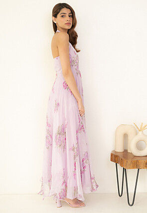 Digital Printed Chiffon Maxi Dress in Light Purple