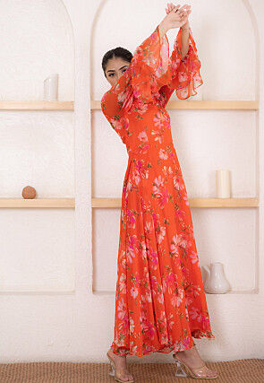 Digital Printed Chiffon Maxi Dress in Orange