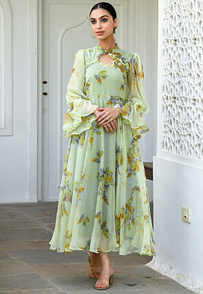 Digital Printed Chiffon Maxi Dress in Pastel Green