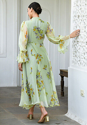 Digital Printed Chiffon Maxi Dress in Pastel Green