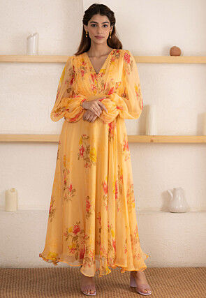 Digital Printed Chiffon Maxi Dress in Yellow