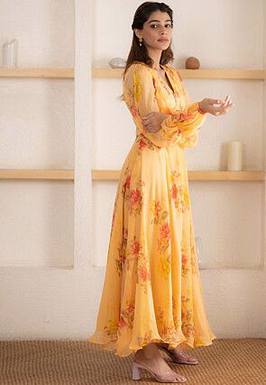 Digital Printed Chiffon Maxi Dress in Yellow