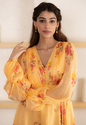 Digital Printed Chiffon Maxi Dress in Yellow